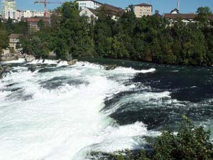 The falls start off slowly at the top, with a few drops of about a foot to a shelf.  Dark green trees line the bank with the buildings of Schaffhausen behind.