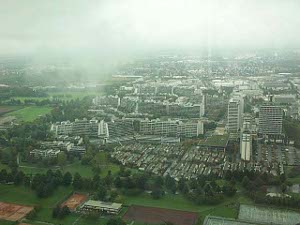 Looking down from the high tower on the buildings of the Olympic Village
