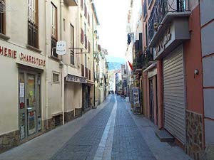 The street is narrow, with carefully laid bricks and stores fronting both sides, two or three stories tall, but no people can be seen in the street.