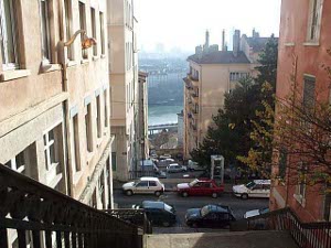 The stair goes down a steep street for several blocks finally ending at the river.
