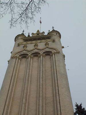The court house tower is capped by conical roofs