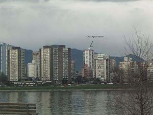 Downtown Vancouver has a dozen or more buildings above twenty stories; our apartment was on the 22nd floor and is pointed out with an arrow in the photo