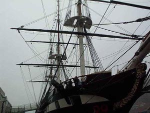 The masts and yards of the USS Constellation, the last U.S. Navy all-sail warship, make an attractive display at the Baltimore piers