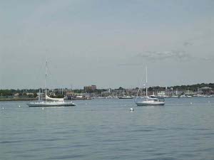 Sleek white racing yachts are anchored in the Newport marina