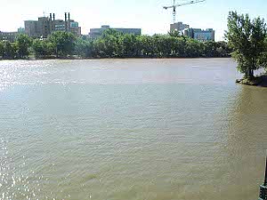 The photo reveals the differing colors of the two rivers, and the high flood stage.
