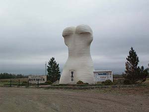 The photo shows the Bunnock, a sculpture some forty feet tall, surrounded by signs