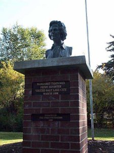 The bust of Lady Thatcher is atop a high brick pedestal