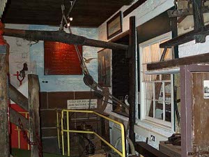 The interior room of the museum is crowded with exhibits mounted on the wall and hanging from the ceiling.