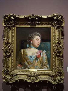 Portrait of a fair-skinned woman, her head tilted to one side, French provincial dress