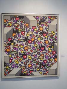 Abstract pattern of shapes that look like fruits, with a geometric background