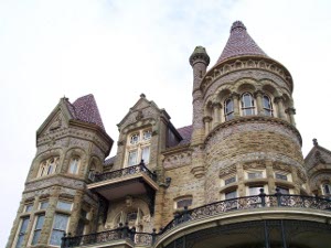the Romanesque turrets of the Bishop's Castle are a landmark
