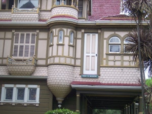 The second story door opens to about two tiles of steep sloping mansard roof -- it is labelled The Door to Nowhere