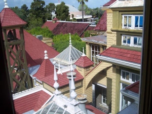 The view of the red roofs and glass-roofed skylights, all with lightining rods, along with many windows and shingles, is perplexing