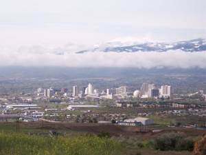 Reno panorama against a snowy Sierra backdrop
