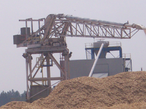 An enormous pile of wood chips accumulates at a lumber plant near Matane