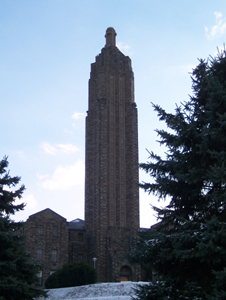 The beautiful stone tower of the mother house stands like a tall beacon
silhouetted against a winter sky.