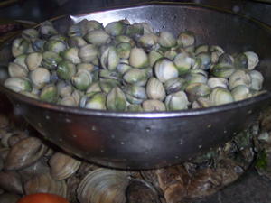 A bowl of tiny cockles awaits a customer