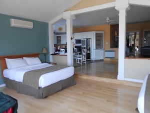 The picture shows a large bedroom with two beds, kitchen and dining area and entry hall