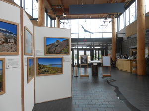 High glass windows let in lots of light, showing birds and paintings.