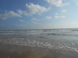 Light frothy surf extends out hundreds of feet into the gulf.